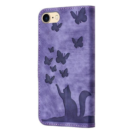 Leather Phone Case With Card Slot For Daily Use - purple PU leather wallet case with cat and butterfly design, TPU core, card slot, scratch protection