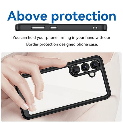 Colorful Samsung Galaxy Case For Everyday Protection shown clear acrylic back with black TPU border protecting camera and offering grip for daily use