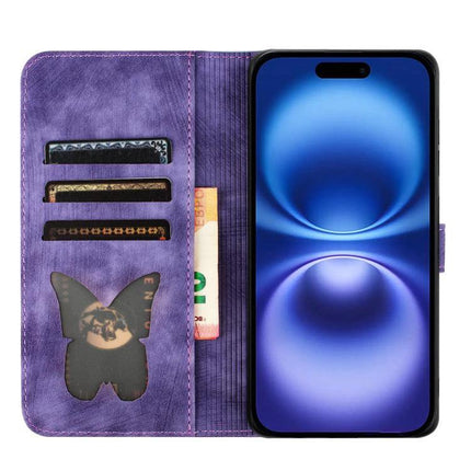Butterfly Embossed Leather Phone Case For Everyday Carry - purple wallet-style phone case with card slots and cash pocket