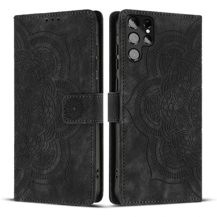 Leather Phone Case With Card Storage For Everyday Use black PU leather wallet case with embossed mandala design and card slots