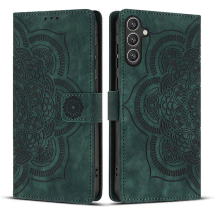 Leather Phone Case With Card Storage For Everyday Use - green PU leather folio with embossed mandala design, card slots and magnetic closure