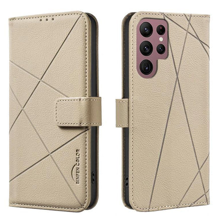 Versatile Phone Case for Daily Card and Cash Storage beige PU leather wallet case with geometric stitching and magnetic clasp