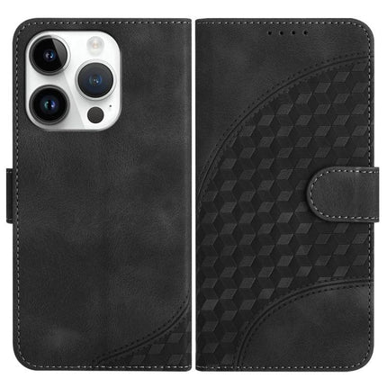 YX0060 Elephant Head Embossed PU Leather Case Lanyard For iPhone 15 Pro Max – black PU leather wallet case with embossed geometric elephant head pattern and card slot