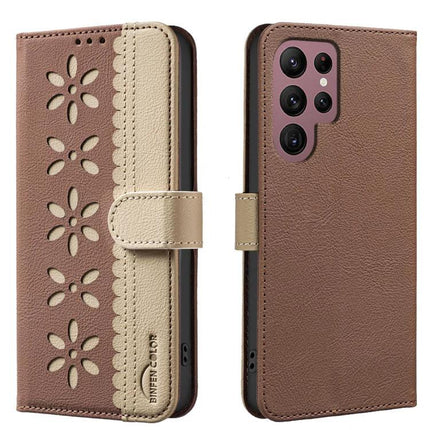 RFID Leather Card Holder Case For Galaxy S22 Ultra S22 Plus S22 S21 FE 5G brown splicing color hollow flower PU leather wallet with kickstand and RFID blocking