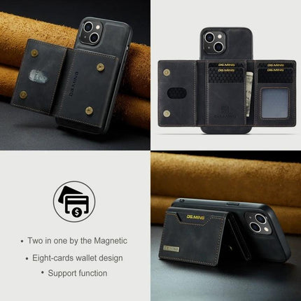 DG.MING Leather Wallet Case for Daily iPhone Carry showing black leather magnetic wallet case with multiple card slots, cash pocket, and protective shell