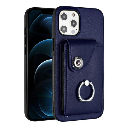 Organ Card Holder Ring Case For IPhone 13 Mini 12 Pro Max 6 Card Slots navy PU wallet case with ring holder and 6-card slot pocket