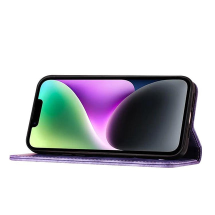 Leather Flip Case for Daily Phone and Card Organization shown in purple, standing landscape for hands-free viewing and card storage