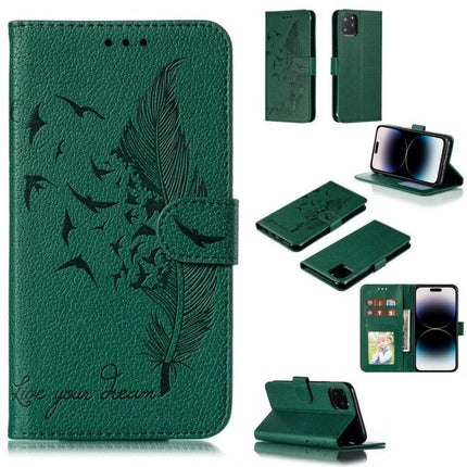 Leather Phone Case for Everyday Carry and Protection - green embossed feather wallet case with card slots and horizontal viewing stand