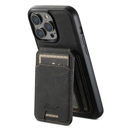 Suteni H16 Leather Detachable Wallet Back Case For IPhone 13 Pro And 12 Pro shown in black litchi PU leather with magnetic detachable card wallet