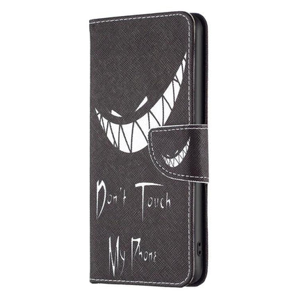 Leather Phone Case for Galaxy - Slim Everyday Protection for Daily Phone Handling black wallet-style PU leather case with white grinning design and 'Don't Touch My Phone' text