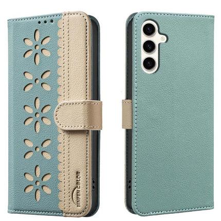 RFID Leather Wallet Case For Samsung Galaxy S23 Series Hollow Flower Pattern teal beige splicing color wallet with kickstand and card slots