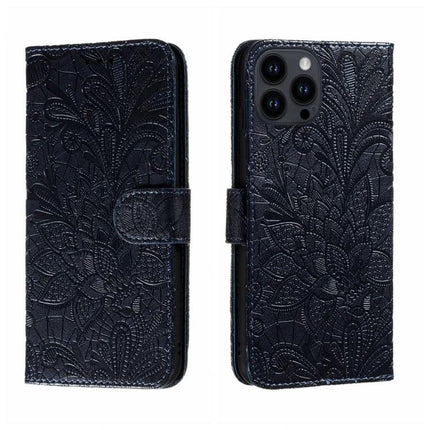 Leather Flip Case for iPhone Everyday Protection - navy embossed leather folio with built-in stand and 360-degree shock-absorbing corners