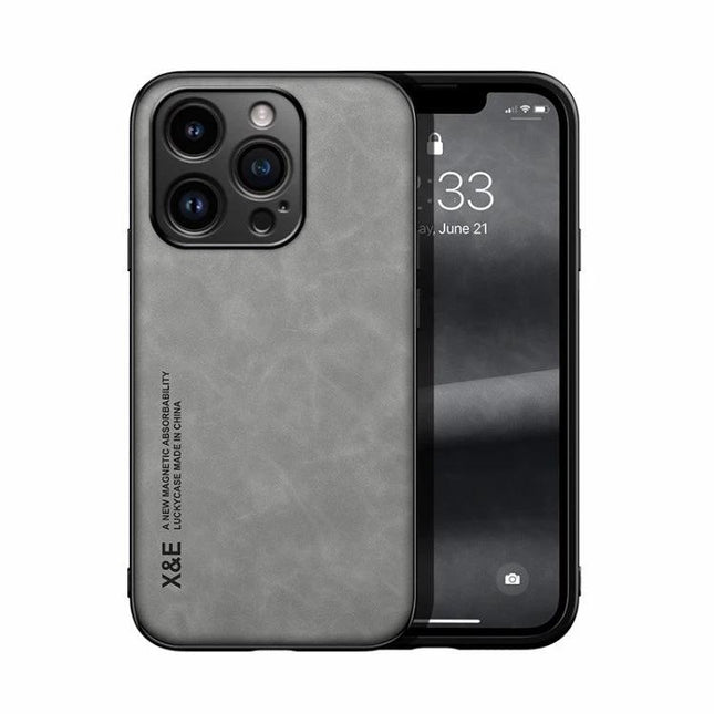 Magnetic Leather Phone Case for Everyday Travel Protection in gray TPU and PU leather with magnetic car mount compatibility