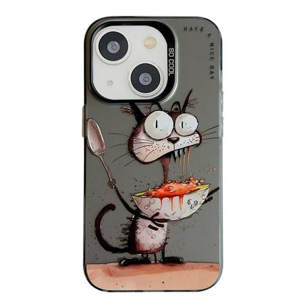 Animal Pattern iPhone Case for Everyday Use - quirky cartoon cat holding a dripping ramen bowl, TPU core with PC back, raised lip protection