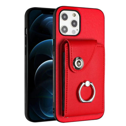 Organ Card Holder Ring Holder Case For iPhone 11 11Pro 11ProMax 12Mini 12Pro - red PU wallet case with 6 card slots and metal ring kickstand