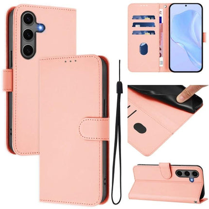 Leather Phone Case With Lanyard For Samsung - pink PU leather wallet case with card slots, removable lanyard, TPU interior and kickstand
