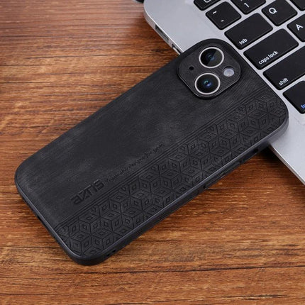AZNS 3D Embossed Phone Case for Everyday iPhone Protection - black TPU and leather hybrid with textured grip shown on iPhone near laptop