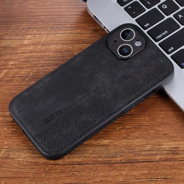 AZNS 3D Embossed Phone Case for Everyday iPhone Protection - black TPU and leather hybrid with textured grip shown on iPhone near laptop