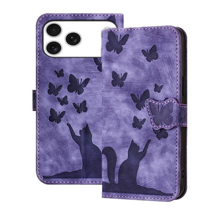 Butterfly Embossed Leather Phone Case For Everyday Carry - purple wallet case with butterfly and cat silhouette, card slots and TPU core protection