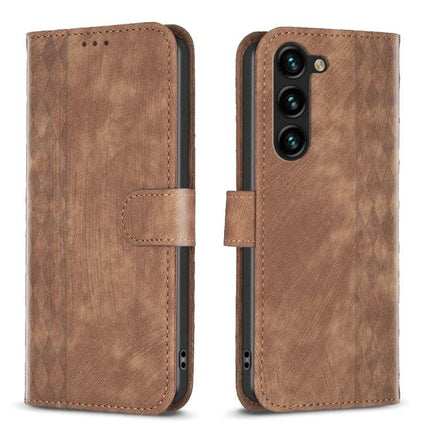 Plaid Embossed Leather Phone Case For Everyday Carry With Card Slots And Cash Pocket brown wallet-style folio with card slots and magnetic closure