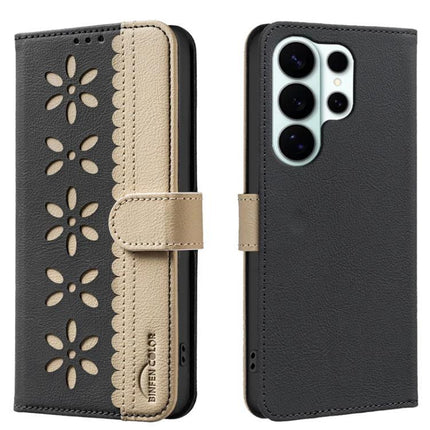RFID Leather Wallet Case For Samsung Galaxy S26 Ultra 5G With 3 Card Slots - hand-made PU leather floral cutout wallet case with kickstand and 3 card slots