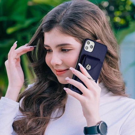 Organ Card Bag Ring Holder Case For iPhone 11 Pro X XS XR XS Max Wallet - navy PU wallet case with ring holder shown on model