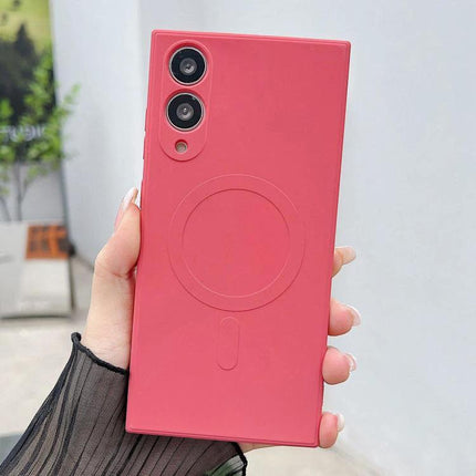 Silicone Protective Case For Samsung Phones Everyday Use - pink liquid silicone case showing back with camera cutouts and magnetic ring