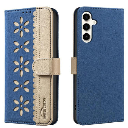 RFID Leather Wallet Case For Samsung Galaxy S23 Series Hollow Flower Pattern blue beige splicing color with kickstand and card slots
