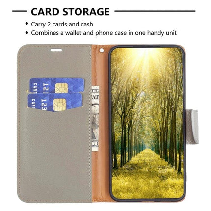 Leather Flip Phone Case With Card Slots showing two card pockets, cash pocket and built-in kickstand in gray PU leather