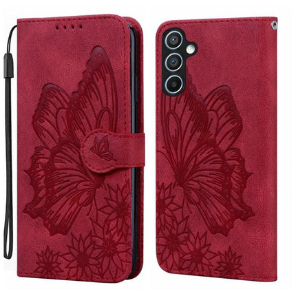Leather Flip Case for Everyday Phone Protection in red PU leather with embossed butterfly design, card slots and wrist strap
