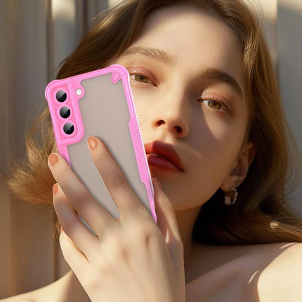 Armor Glaze Case for Smartphone: Everyday Protection - slim pink PC+TPU phone case held by model, raised screen edge, durable scratch-resistant design