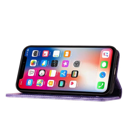 Butterfly Leather Flip Case With Card Slot showing phone in purple stand mode with card storage and TPU frame protection
