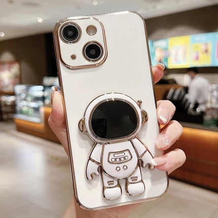 Astronaut Phone Case With Stand For Hands-Free Viewing, white electroplated soft shell with 3D astronaut fold-out stand held in hand