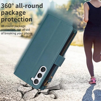 Leather Flip Wallet Case for Everyday Phone Storage shown in teal PU leather with zippered pocket, TPU frame and 360° protection while jogging
