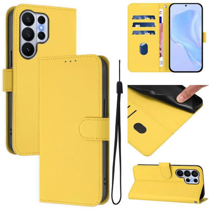 Essential Leather Phone Case With Card Slots For Daily Use in yellow PU leather folio with three card slots, cash pocket, adjustable kickstand and wrist strap