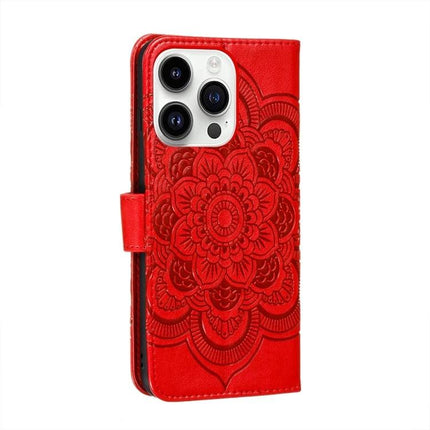 Sun Mandala Leather Case for Everyday iPhone Protection in red PU leather with embossed mandala, card slots and kickstand for commuters