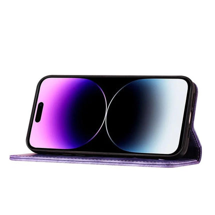 Butterfly Embossed Leather Flip Case for Daily Phone Protection in purple with kickstand, card slots, and slim TPU interior