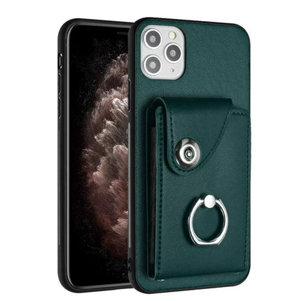 Organ Card Holder Ring Holder Case For iPhone 11 11Pro 11ProMax 12Mini 12Pro in green PU leather with 6-card wallet and metal ring kickstand