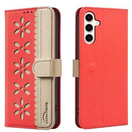 RFID Leather Wallet Case For Samsung Galaxy S23 Series Hollow Flower Pattern red beige splicing leather with kickstand and RFID protection