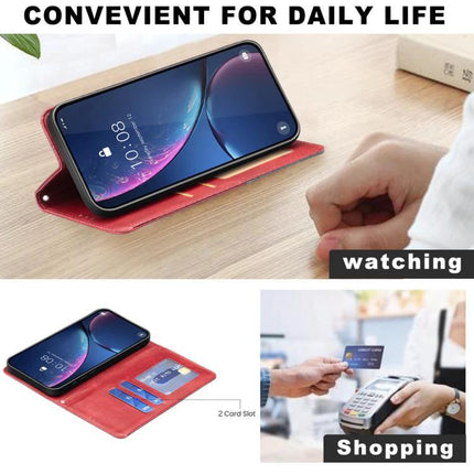 Leather Phone Case With Card Slot showing red PU leather wallet case with card slots and kickstand for hands-free viewing