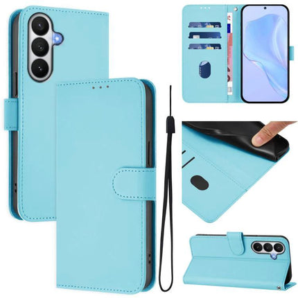 PU Leather Phone Case With Card Holder For Everyday Use - light blue folio wallet cover with card slots, cash pocket, kickstand and wrist strap