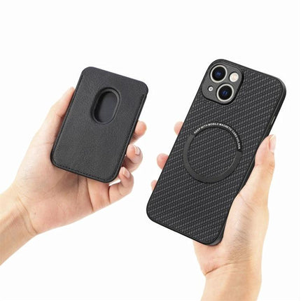 Leather Phone Case With Built In Card Holder For Everyday Commute And Quick Wallet Convenience shown in black textured PU with MagSafe ring and slim detachable card pocket