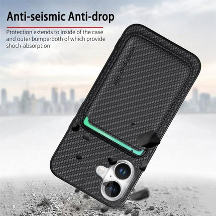 Essential Leather Phone Case With Card Slots showing carbon‑style PU cover, magnetic card slot, and four‑corner anti‑drop protection