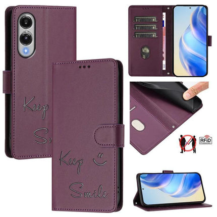 Smile Embossing Leather Phone Case With Card Holder For Everyday Carry On The Go - purple wallet case with 3 card slots RFID blocking