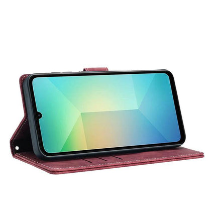 Leather Phone Case For Everyday Carry with built-in card slots, burgundy folio wallet case propped as phone stand