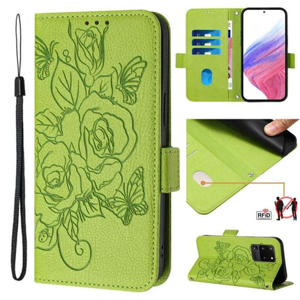 Leather Phone Case With Card Slots For Daily Errands - green floral RFID wallet case with kickstand and wrist strap