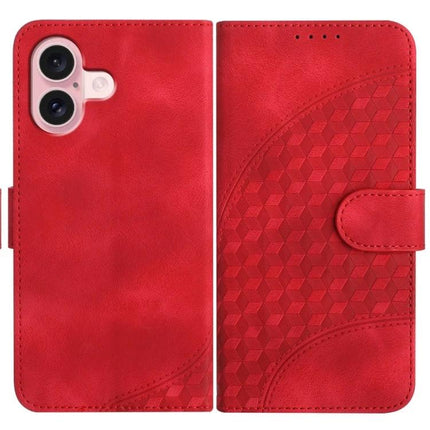 Elephant Head PU Case with Lanyard and Wallet Stand for iPhone 16 Pro Plus 16 in red PU leather wallet-style case with embossed geometric design and stand