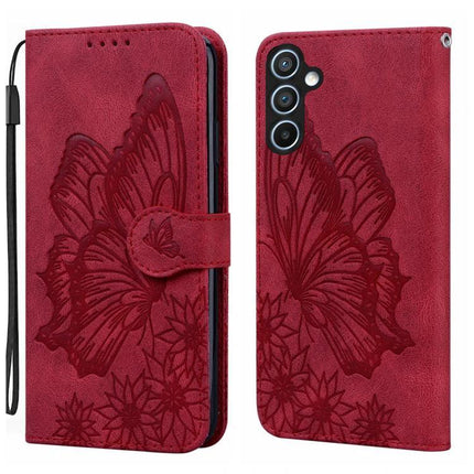 Leather Flip Case for Everyday Phone Protection - red PU leather wallet case with embossed butterfly, card slots and wrist strap