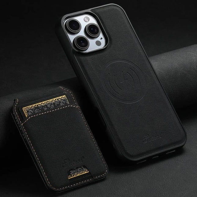 Durable Suteni Wallet Phone Case for Everyday Carry shown in black PU leather with detachable magnetic wallet and card pocket