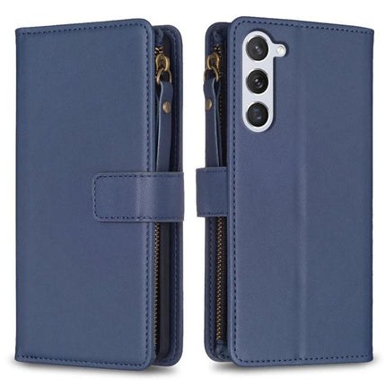 Leather Flip Wallet Case for Everyday Phone Storage in blue PU leather with zipper pocket, 9 card slots and built-in stand